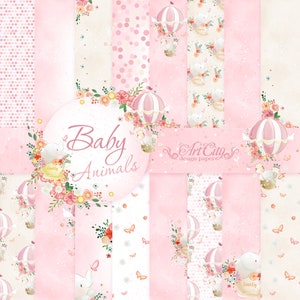 Baby Animals Digital Paper, Pink Nursery Scrapbook, Cute Elephant and Hot Air Balloon Backgrounds