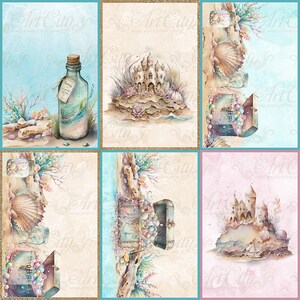Tarjeta del tesoro marino Papel digital azul Colección de agua Paquete de papel del océano de verano Pegatinas de cumpleaños de concha imprimibles DIY