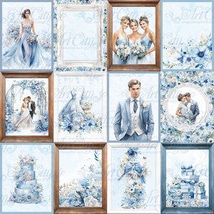 Moderne Hochzeit Digital tags Romantische Blumen Scrapbook Bräutigam und Braut Hintergrund Ornament druckbare pastel blau
