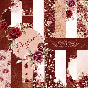 Pacchetto di carta digitale Passion Floral con rose rosse, bordeaux e motivi rosa per scrapbooking