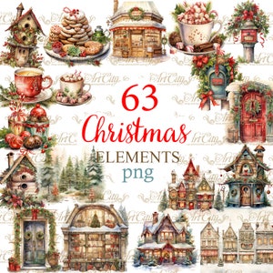 Christmas Digital Clipart Classical Scrapbook Elements house landscape Xmas door town Supplies sweet Printable Craft PNG, Commercial use