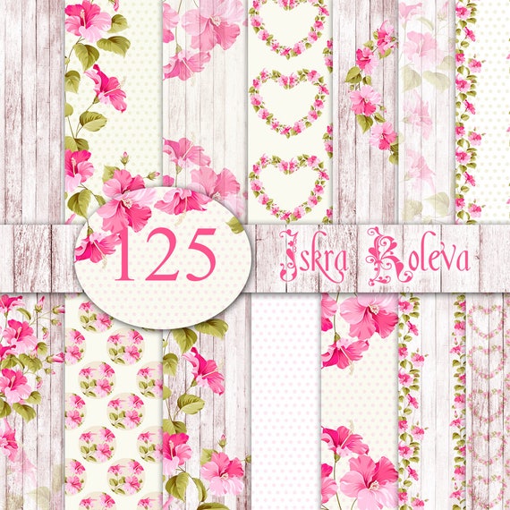 Pink Floral Digital Paper, Shabby Chic Scrapbook, Vintage Wood Background, Romantic Wedding Paper, Printable Craft Paper, Hibiscus Pattern
