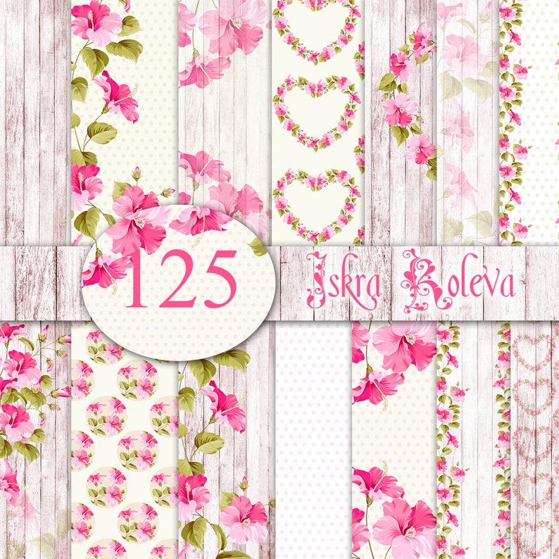 May include: A set of 12 digital paper designs featuring pink hibiscus flowers on a white woodgrain background. The papers include floral patterns, polka dots, and hearts. The text "125 Iskra Boleva" is included in the image.
