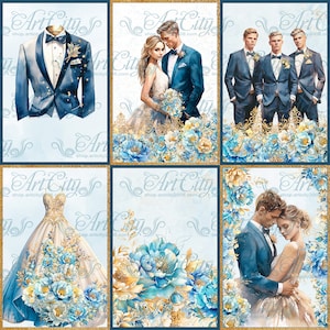 Cartes de mariage bleu et or romantique papier numérique fleur scrapbooking marié mariée fond ornement vintage imprimable demoiselles d'honneur garçons d'honneur
