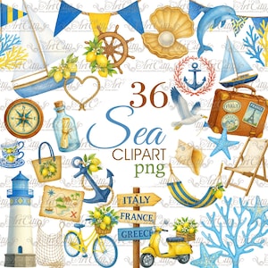 Clipart estate mediterranea - 36 elementi nautici acquerellati con limoni, barche a vela e fascino marino / Italia Francia Grecia PNG