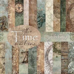 Pacote de papel para scrapbook Steampunk – Tema de máquina do tempo, engrenagens e relógios vintage, suprimentos de artesanato masculino para cartões, álbuns e diários