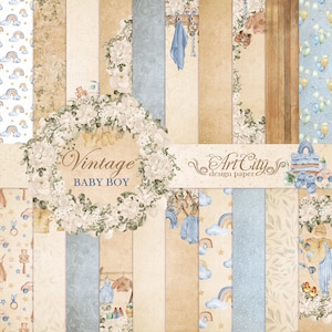 Confezione di carta digitale Vintage Baby Boy - Kit di album per baby shower beige e blu, sfondi rustici per la cameretta dei bambini