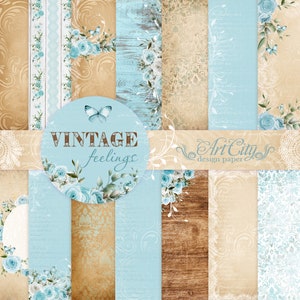 Vintage Gefühle, Digitales Papier, Blau und Beige Blumenhintergründe, Antike Spitze Sammelalbum, Shabby Chic Printable