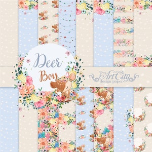 May include: A set of 10 digital papers featuring a cute deer with floral patterns. The papers are perfect for scrapbooking, card making, and other craft projects. The papers are in a light blue and cream color scheme with a variety of floral designs.