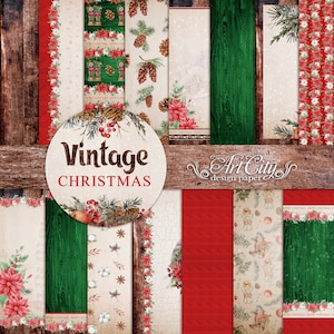Vintage Christmas Digital Paper, Rustic Holiday Scrapbook, Red Green Wood Backgrounds
