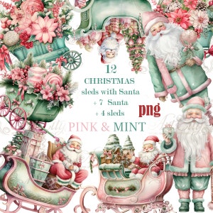 Pink and Mint Christmas sleigh Digital Clipart Watercolor Santa Claus Holiday PNG  Winter collection, Commercial use