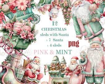 Pink and Mint Christmas sleigh Digital Clipart Watercolor Santa Claus Holiday PNG  Winter collection, Commercial use