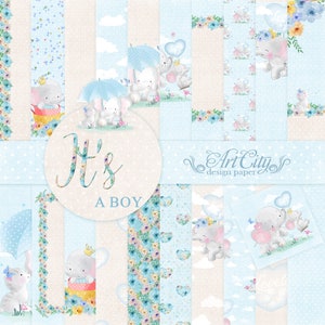 It's a Boy Digital Paper, Baby Shower Blue Elephant Scrapbook, Cute Nursery Background, Newborn Printable