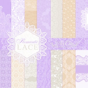 Romantic Lace Digital Paper, Vintage Wedding Backgrounds, Elegant Purple Beige Patterns