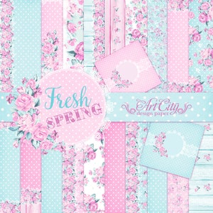 Papier numérique floral printanier, scrapbooking rose rose et bleu, arrière-plans imprimables vintage à pois