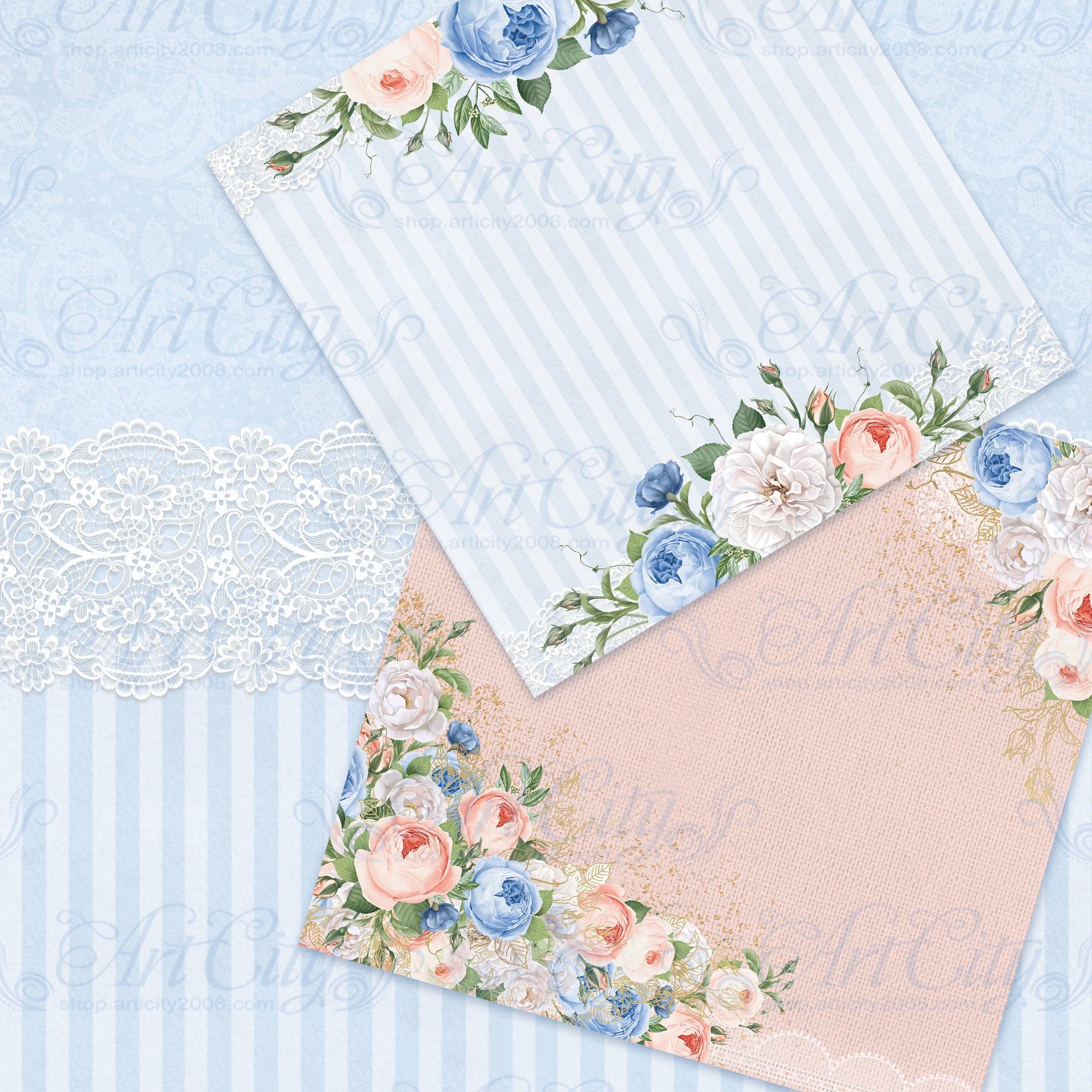 Floral Dreams Digital Paper Pack - Soft Peach and Blue Roses, Vintage ...