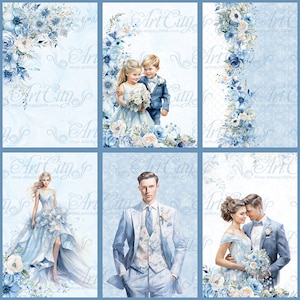 Tarjeta digital de boda moderna, álbum de recortes de flores románticas, adorno de fondo para novio y novia, azul pastel imprimible
