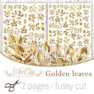 May include: Two sheets of golden leaf cutouts in various shapes and sizes. The leaves are in gold and brown tones, with white borders. The text "Golden leaves" and "2 pages - fussy cut" are also visible.