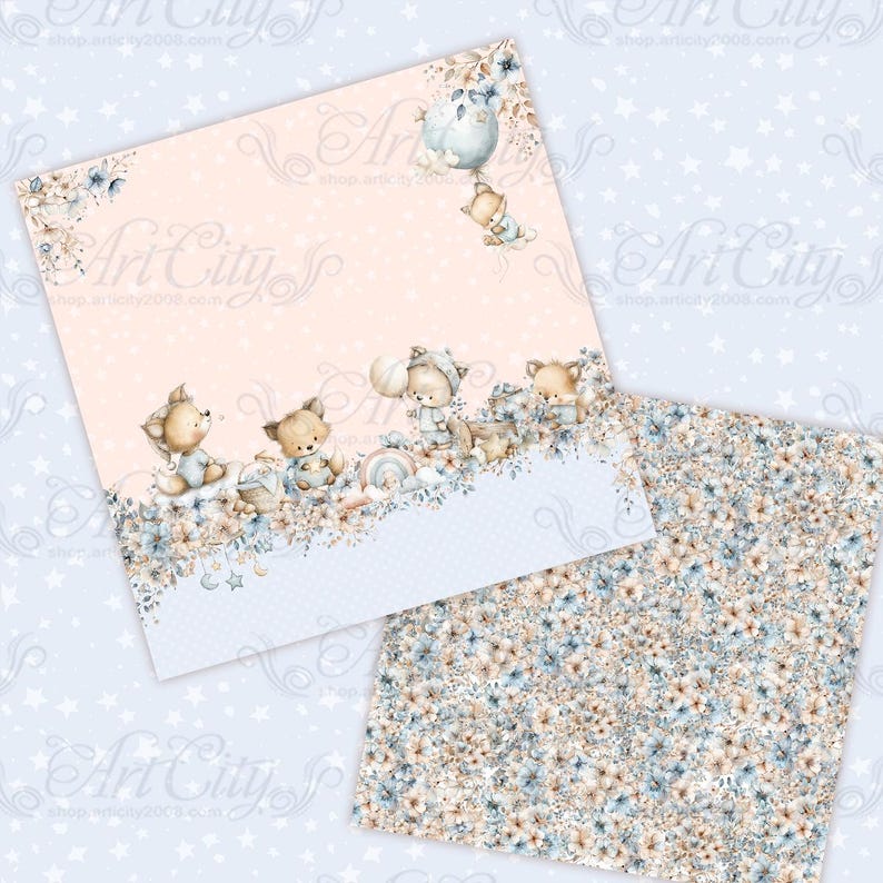 Dreamy Foxes Baby Scrapbook Paper Pack, Cute Woodland Fox Digital Papers, Pastel Nursery Backgrounds image 4