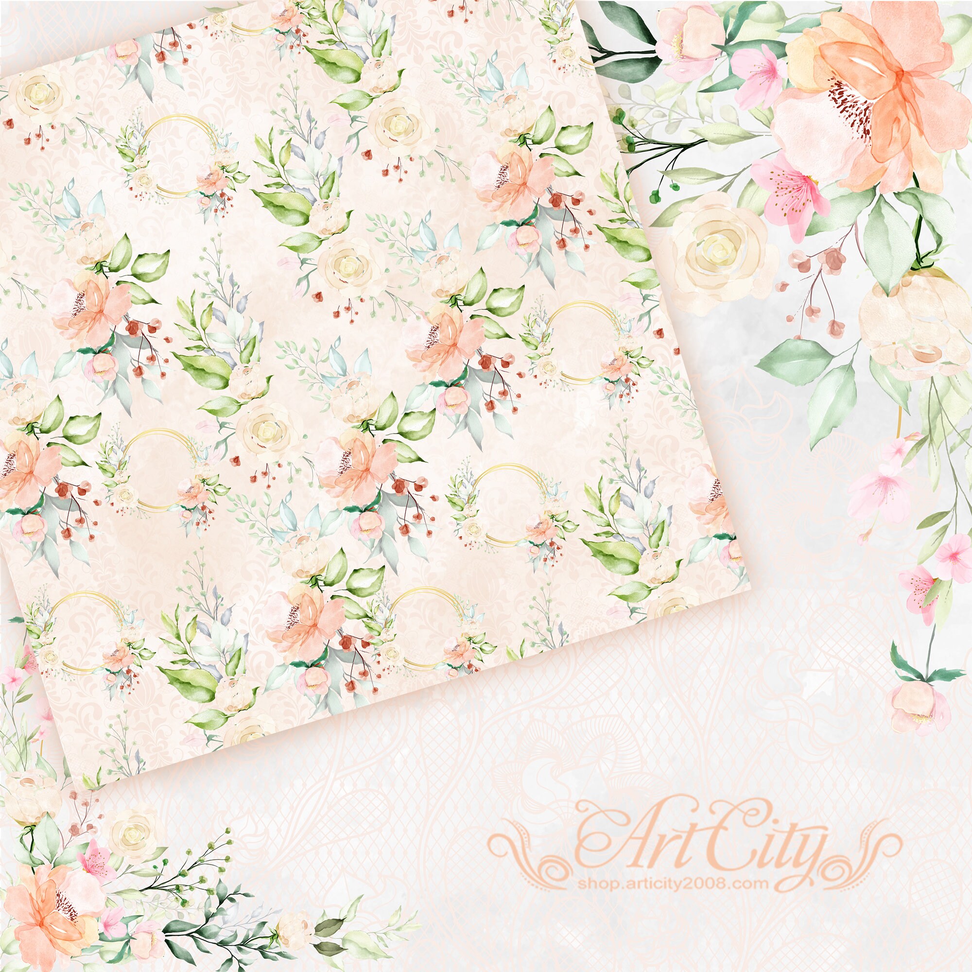 wedding digital paper flower scrapbook background peach floral etsy