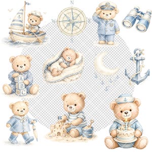 May include: Watercolor illustrations of nautical-themed teddy bears. The image includes a bear in a sailor uniform, a bear in a boat, a compass, an anchor, binoculars, and a sleeping bear. The color palette is soft blues, beige, and white.