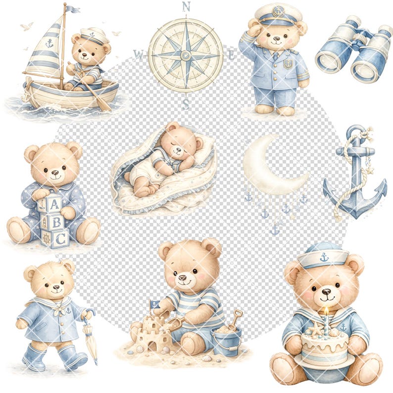 May include: Watercolor illustrations of nautical-themed teddy bears. The image includes a bear in a sailor uniform, a bear in a boat, a compass, an anchor, binoculars, and a sleeping bear. The color palette is soft blues, beige, and white.