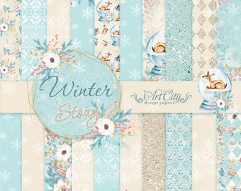 May include: A set of 10 digital papers featuring a winter theme with snowflakes, deer, and snow globes. The papers are in shades of blue, white, and beige. The text "Winter Story" and "Art City design paper" is included in the image.