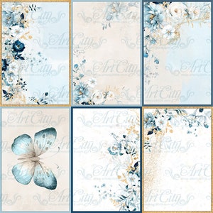 Tarjetas de boda Papel digital azul Álbum de recortes de flores doradas Adorno de fondo de amor Imprimible DIY Patrones florales Pegatinas Planificador
