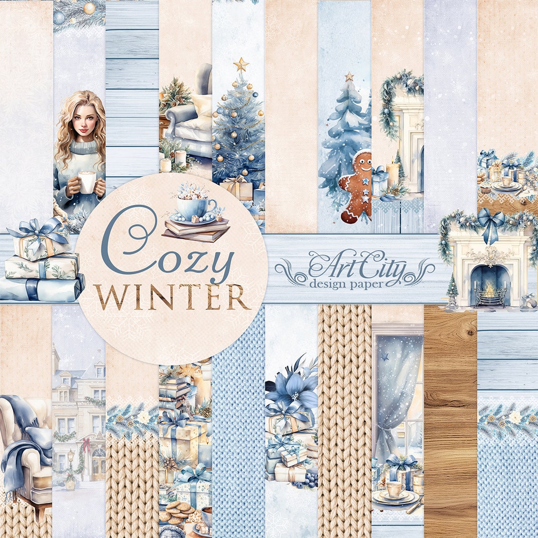 Cozy Winter Digital Paper Pack – Warm Blue and Beige Christmas ...