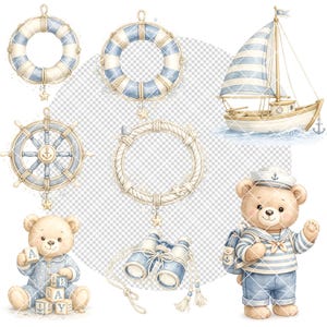 May include: Watercolor nautical-themed illustrations featuring a sailboat, life preservers, a ship's wheel, a rope wreath, binoculars, and teddy bears. The color palette includes shades of blue, beige, and white. One teddy bear wears a sailor outfit.