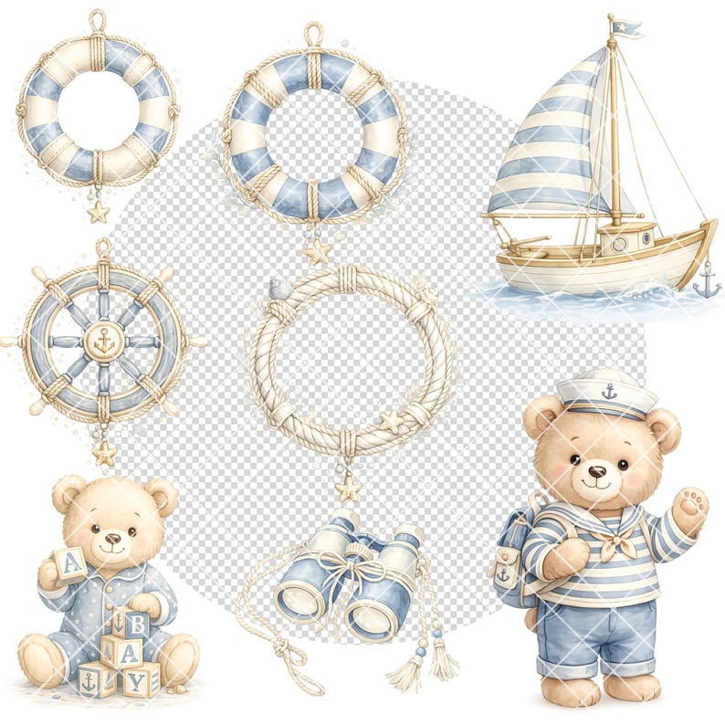 May include: Watercolor nautical-themed illustrations featuring a sailboat, life preservers, a ship's wheel, a rope wreath, binoculars, and teddy bears. The color palette includes shades of blue, beige, and white. One teddy bear wears a sailor outfit.
