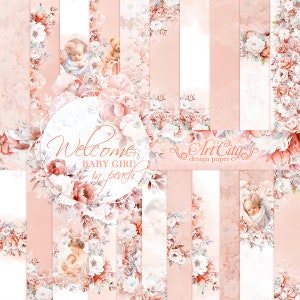 Confezione di carta per album di ritagli per bambina color pesca - Kit di design per baby shower floreale color pesca e bianco