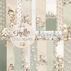 Puede incluir: Una colección de papeles estampados con una paleta de colores pastel suaves. Los diseños incluyen ilustraciones de animales del bosque, globos aerostáticos y arreglos florales. El texto "Hello Little Dreamer" aparece en un elemento circular.