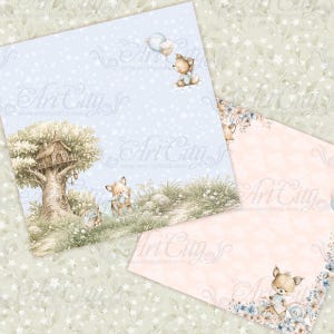 May include: Watercolor illustrations of woodland scenes with a fox. One image features a treehouse, a fox holding a gift, and a path. Another has a fox with balloons. The third has a fox with flowers.