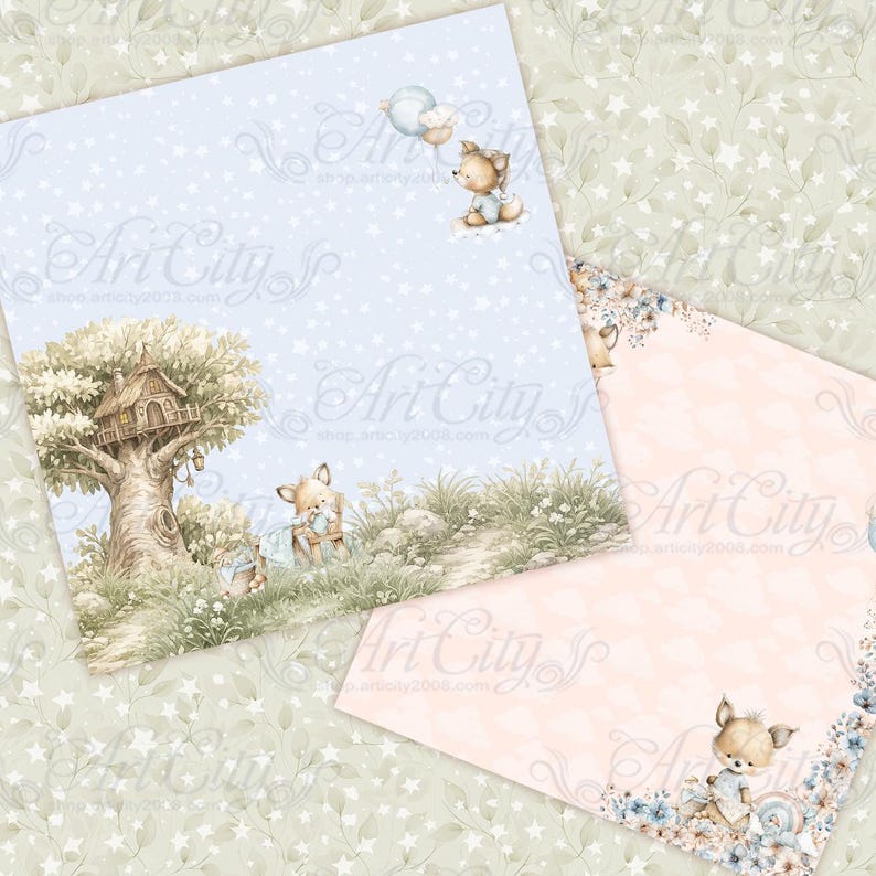 May include: Watercolor illustrations of woodland scenes with a fox. One image features a treehouse, a fox holding a gift, and a path. Another has a fox with balloons. The third has a fox with flowers.