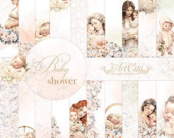 May include: A digital paper pack with a baby shower theme. The design features a white background with delicate floral patterns and illustrations of mothers and babies. The text "Baby shower" is featured in a circle in the center of the design. The text "Art City design paper" is featured at the bottom of the design.