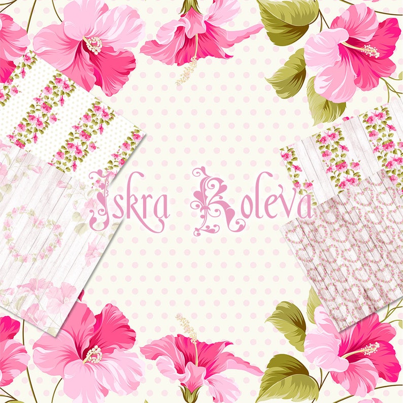 May include: Pink and white floral digital paper pack with a polka dot background. The papers feature different patterns including stripes, woodgrain, and hearts. The text "Iskra Koleva" is in the center of the image.