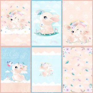 May include: Six digital illustrations featuring cute bunnies with floral crowns and rainbows on a pastel pink and blue background. The illustrations are perfect for creating digital or printed products like greeting cards, invitations, or scrapbook paper.