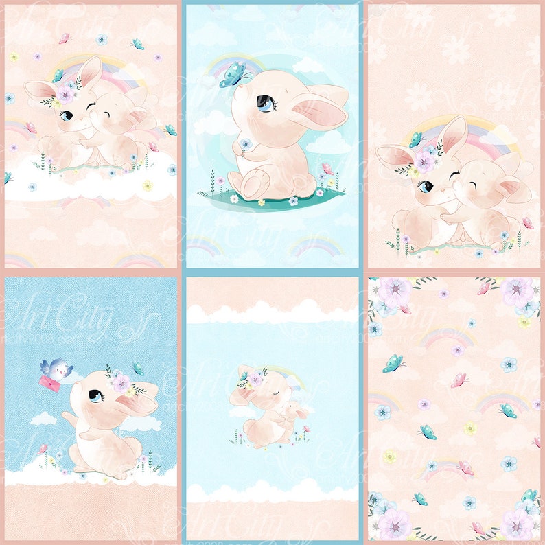 May include: Six digital illustrations featuring cute bunnies with floral crowns and rainbows on a pastel pink and blue background. The illustrations are perfect for creating digital or printed products like greeting cards, invitations, or scrapbook paper.