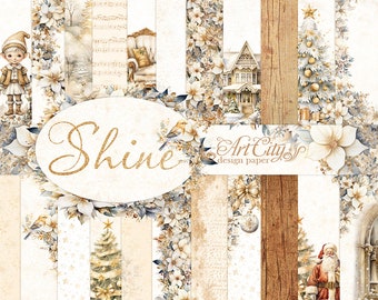 Puede incluir: Un conjunto de 12 papeles digitales con un tema invernal con imágenes de un árbol de Navidad, Papá Noel, una casa, un pájaro y flores. Los papeles son en tonos de blanco, dorado y marrón. El texto "Shine" y "Art City design paper" está incluido en la imagen.