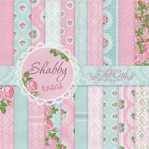 Shabby Roses Digital Paper, Pink and Mint Floral Patterns, Vintage Shabby Chic Scrapbook