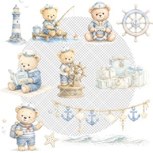 May include: Watercolor nautical-themed illustrations featuring teddy bears dressed as sailors. The image includes a lighthouse, a ship's wheel, gift boxes, and decorative elements like anchors, seashells, and starfish. The bears are depicted fishing, reading, and at the helm.