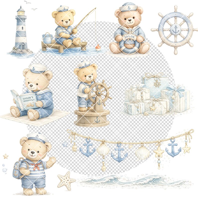 May include: Watercolor nautical-themed illustrations featuring teddy bears dressed as sailors. The image includes a lighthouse, a ship's wheel, gift boxes, and decorative elements like anchors, seashells, and starfish. The bears are depicted fishing, reading, and at the helm.