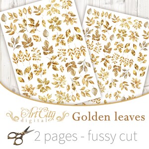 Golden Botanical Leaves Fussy Cut Printable, Gold Foil Leaf Clipart, Scrapbooking Elements, Wedding Crafts, Instant Download image 2
