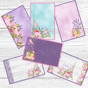 Tarjeta de lavanda romántica, tarjeta de diario imprimible, tarjetas de amor de París, sobres tarjetas florales papel digital de Scrapbook de coches rosa y azul