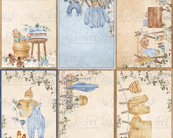 Card Vintage Baby Boy Digital Paper Flowers Scrapbook Boho Background Gifts Supplies Printable Craft