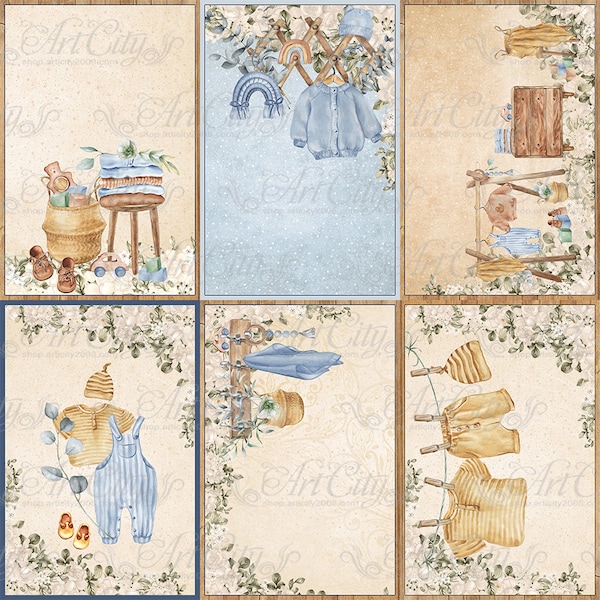 Card Vintage Baby Boy Digital Paper Flowers Scrapbook Boho Background Gifts Supplies Printable Craft