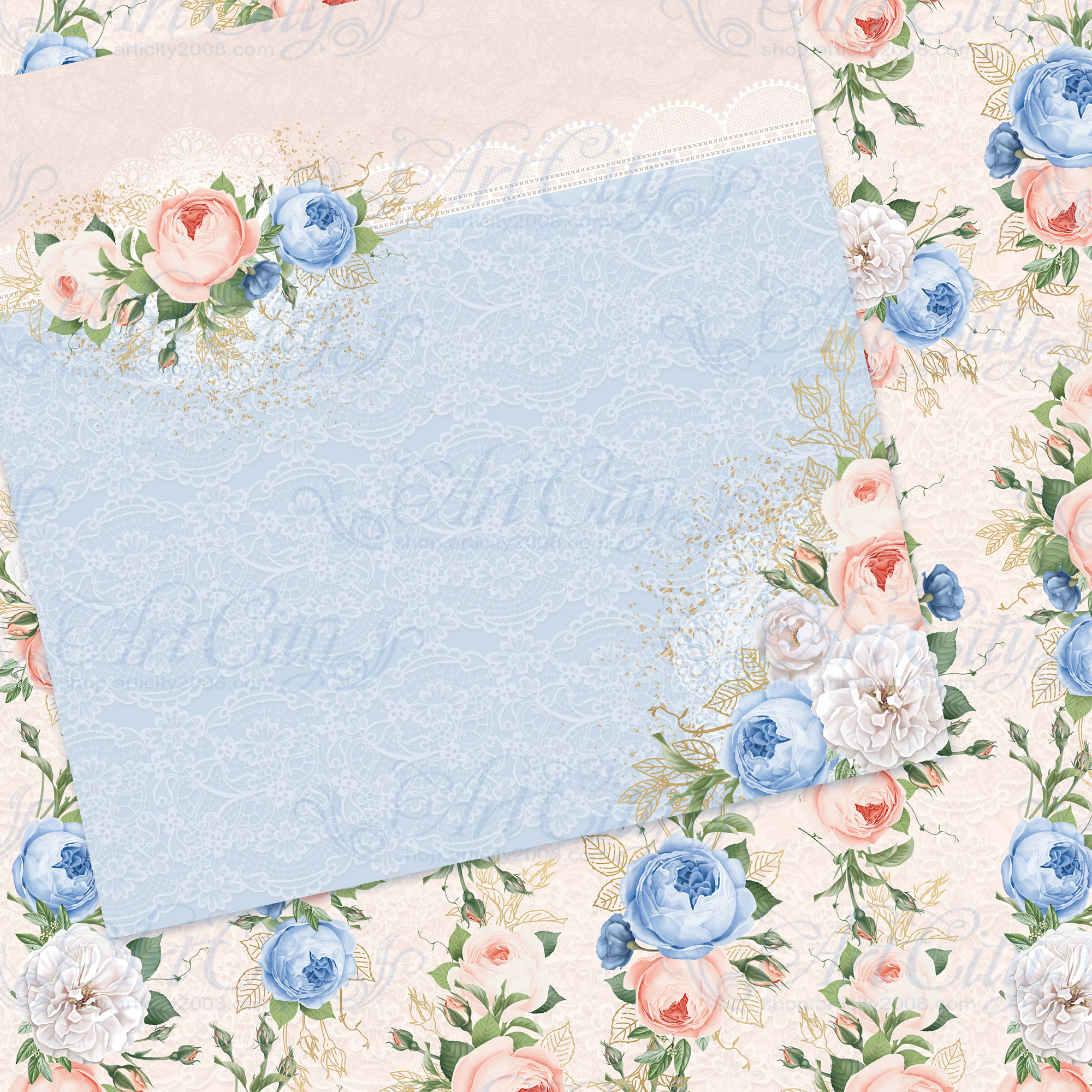 Floral Dreams Digital Paper Pack - Soft Peach and Blue Roses, Vintage ...