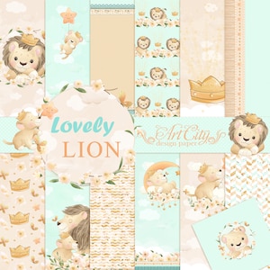 Precioso papel digital con diseño de león, álbum de recortes de safari para bebés, fondos con lindos leones en color beige menta