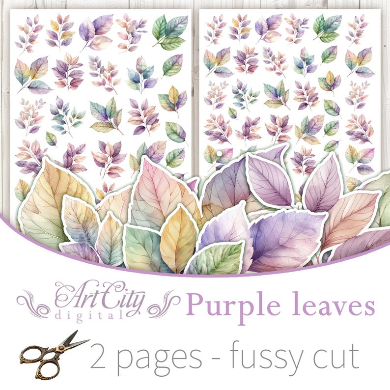 Puede incluir: Dos hojas de pegatinas de hojas estilo acuarela en tonos morados, verdes y amarillos. La imagen incluye el texto "Purple leaves" y "2 pages - fussy cut" con unas tijeras.